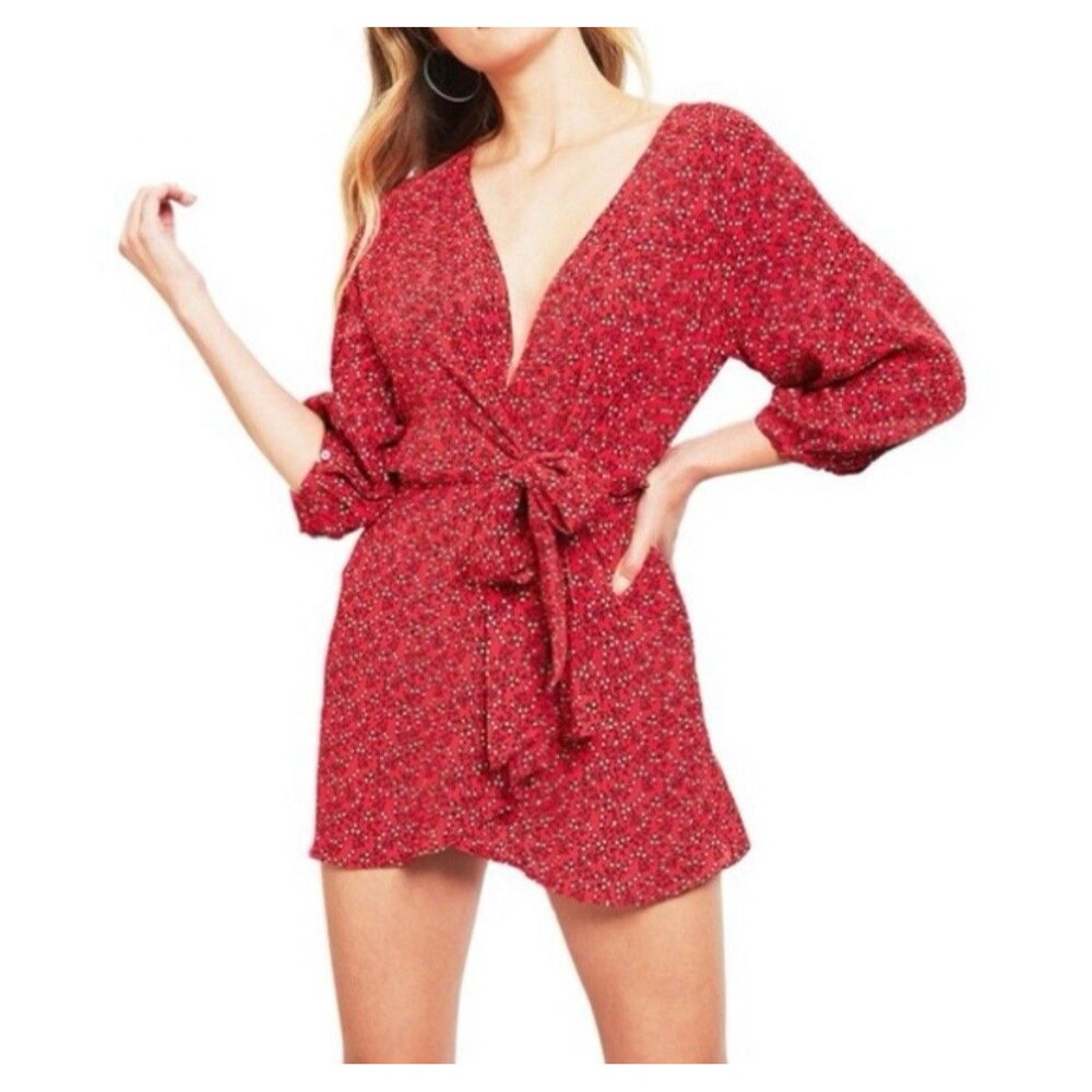 Free People Women's Clara Floral Mini Tunic Dress S Red Wrap 3/4 Sleeve Viscose‎
